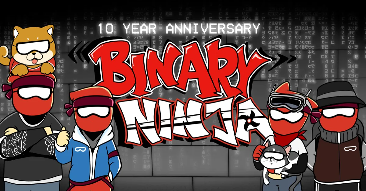 The Binary Ninja crew in street clothes -- ninjas, a shiba, and a cat -- standing in front of a brick wall spray-painted with a graffiti "Binary Ninja" mural under the words "10 Year Anniversary" ><