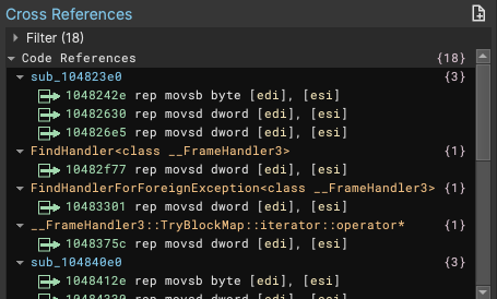 Cross References window, showing references to builtin_memcpy