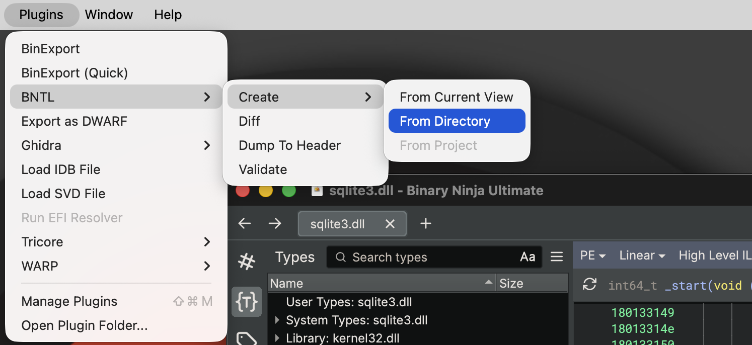 BNTL plugin menu options