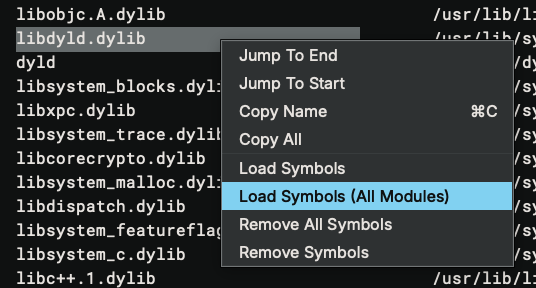 Loading backend symbols from the Module widget's context menu