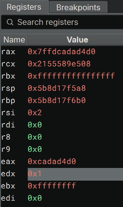 Register values in the debugger