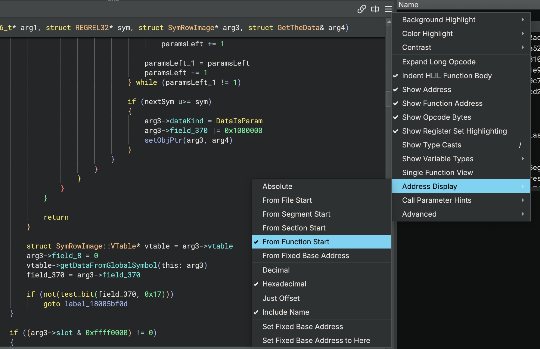 Menu location of address display options