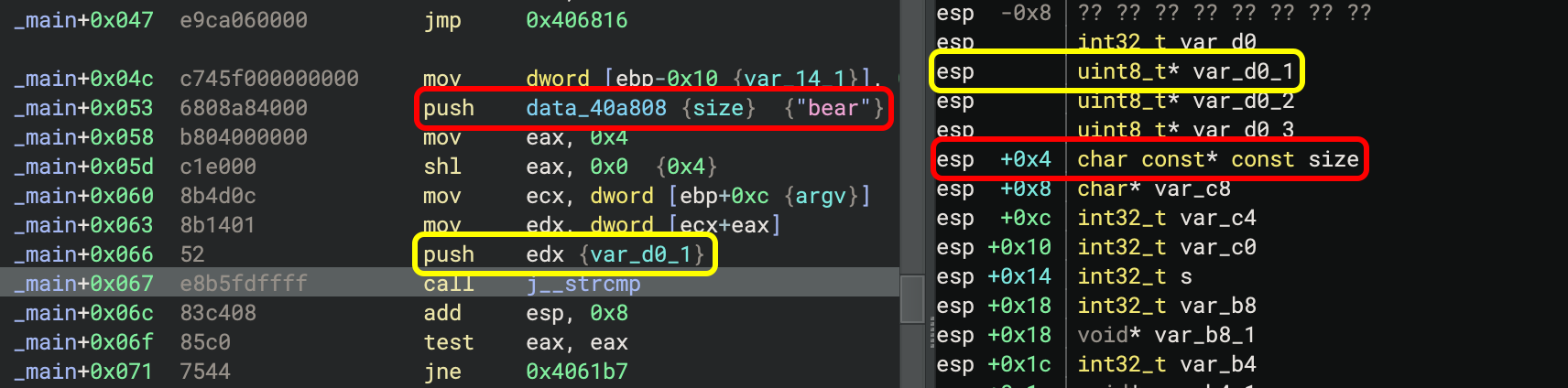 The stack view can show variables offset from the current value of esp