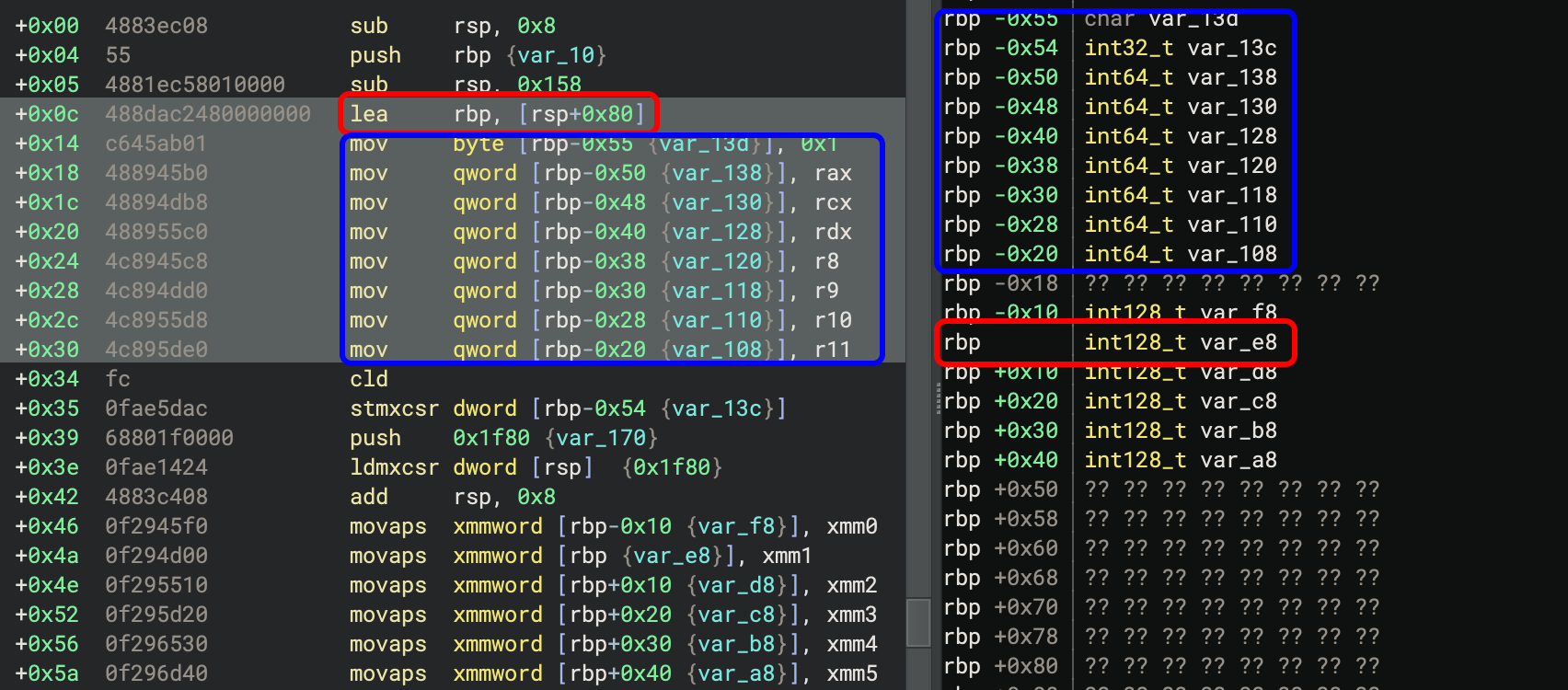 Setting the stack view to an offset relative to a structure pointed to by a register