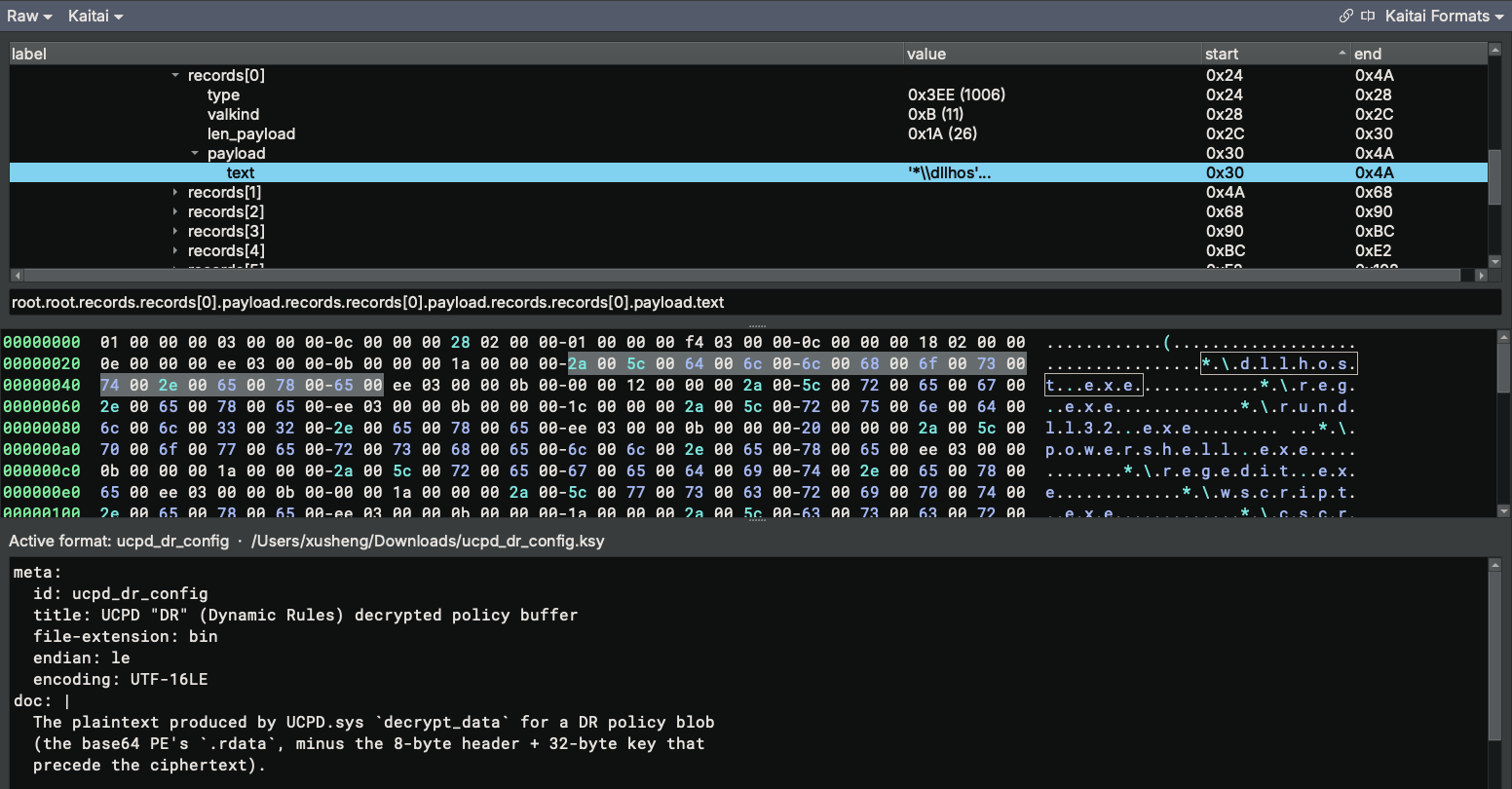 The decrypted config parsed with Kaitai in Binary Ninja